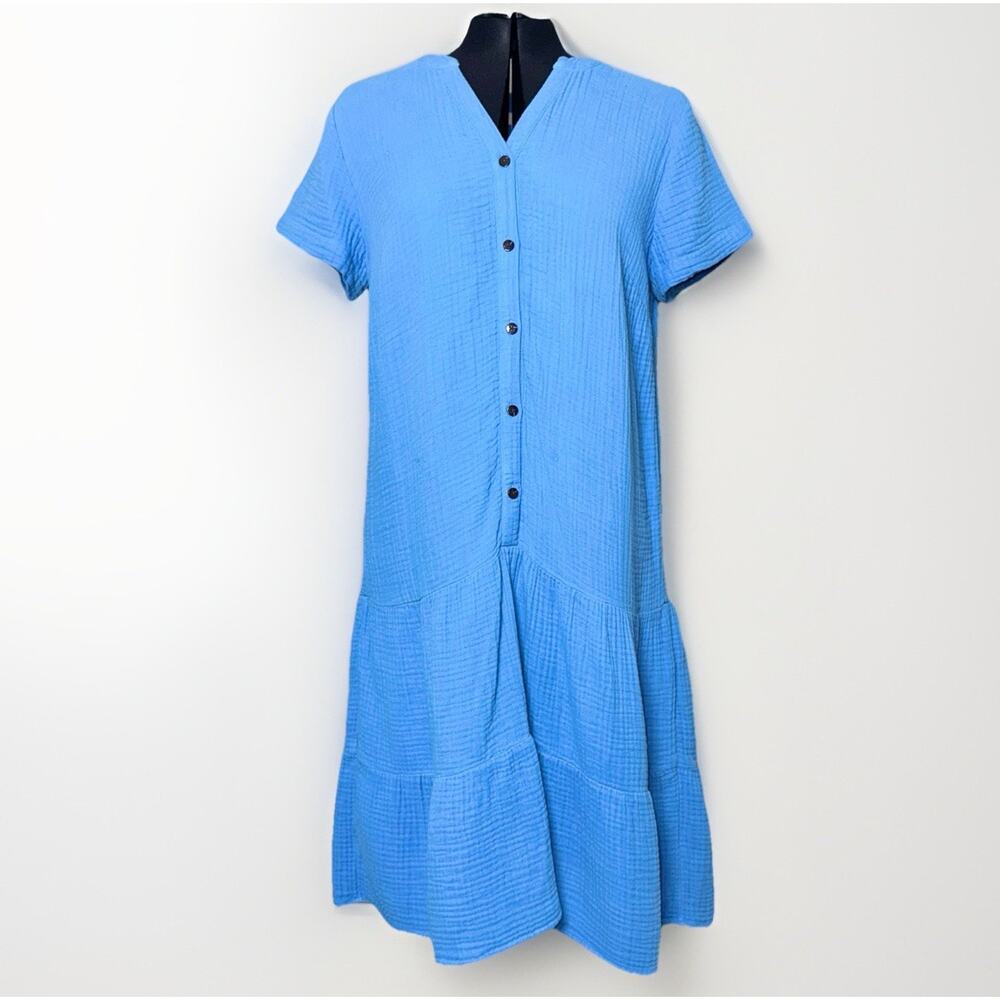 J Jill Ice Blue Small Tier Gauze Drop Waist‎ Dress Button Midi Lagenlook Cottage